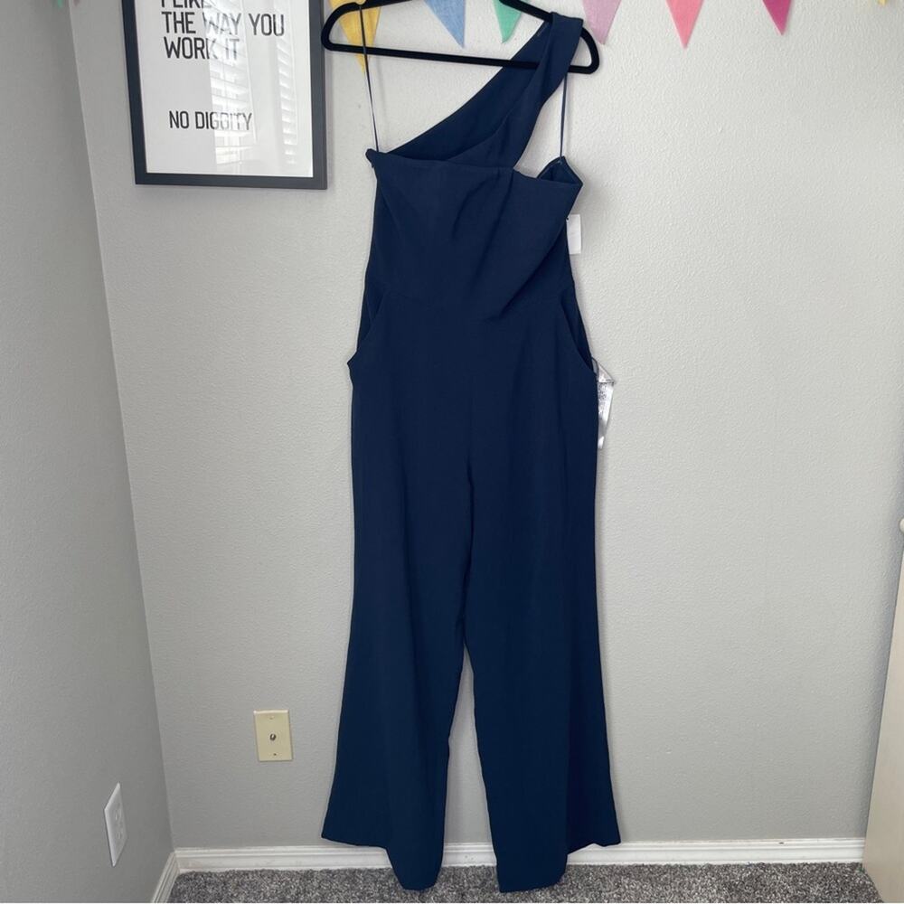 NWT Dress the Population Flippa Navy One Shoulder Asymmetrical Jumpsuit | L